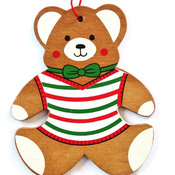 XMAS Ornaments Vintage Wood Teddy Bears Set of 3 MCM Made in Taiwan Cottagecore - Picture 3 of 8